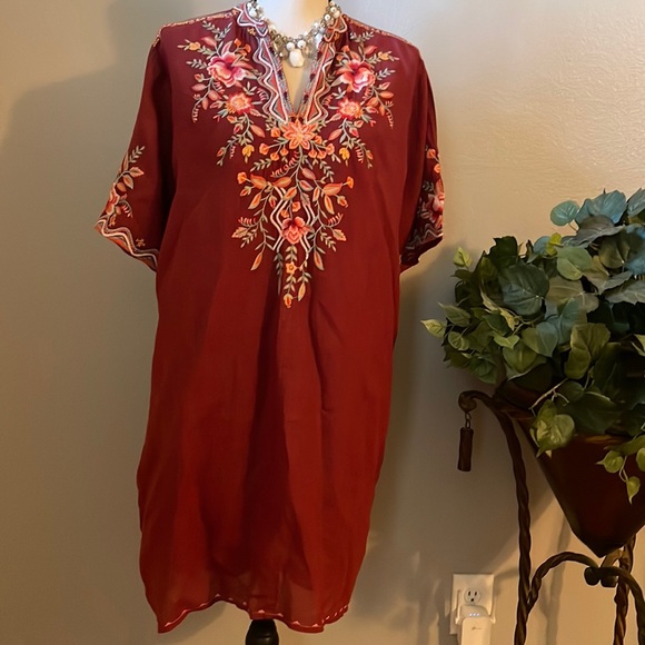 Johnny Was Tops - Johnny Was Workshop Burgundy Red Embroidered V-Neck Tunic .